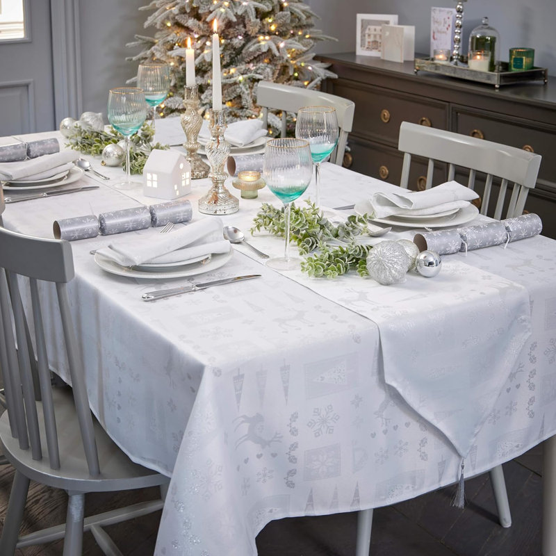 Christmas Tablecloth Christmas Theme Embossed Design, White/Metallic Silver, 52cm W x 228cm L