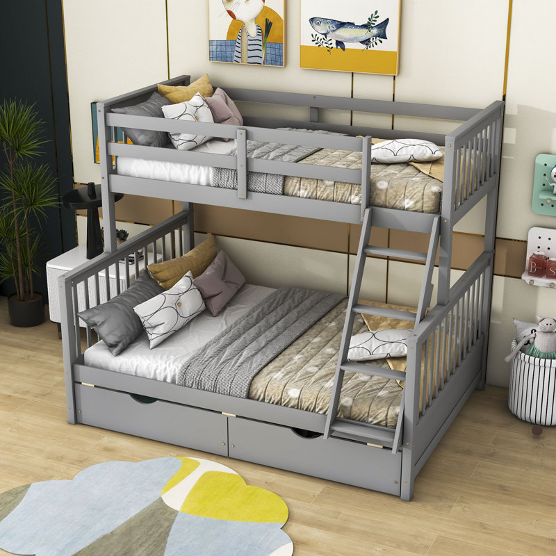 Twin Over Full Wooden Bunk Bed With 2 Drawers, Gray