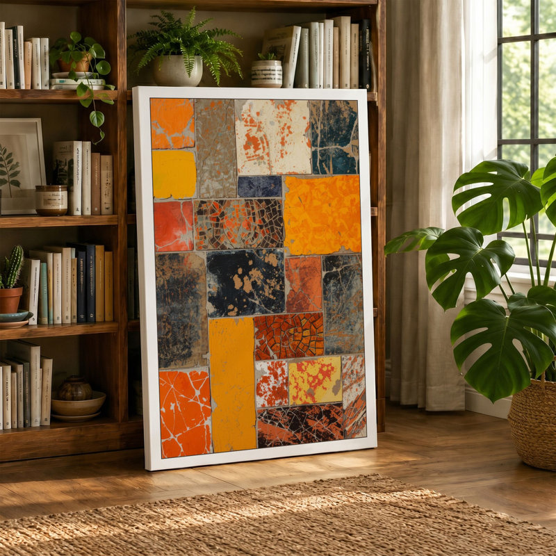 Weathered Tile Grid Industrial - Wrapped Canvas, 36x24 - 91.4 x 61.0 cm, Terracotta Border