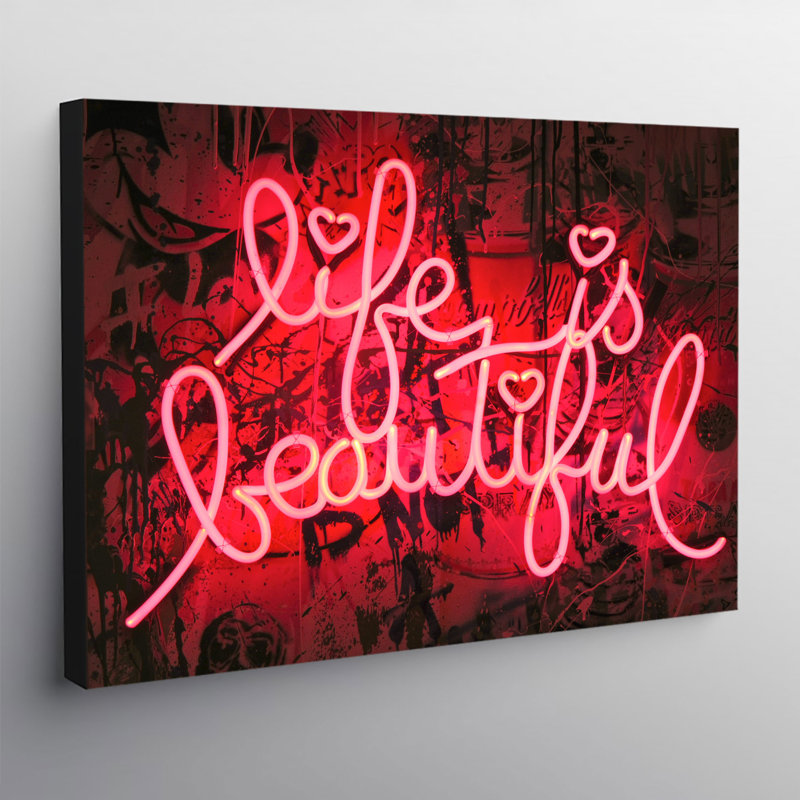 Life Is Beautiful Neon Lights - Wrapped Canvas Print, 84cm H x 120cm W x 3.8cm D