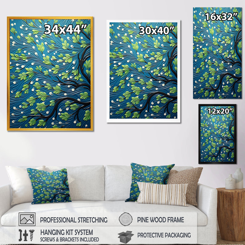 «Green and Blue Tree Dance» - Art mural sycomore, Cadre simple argenté, H 32 po x l 16 po x P 1 po