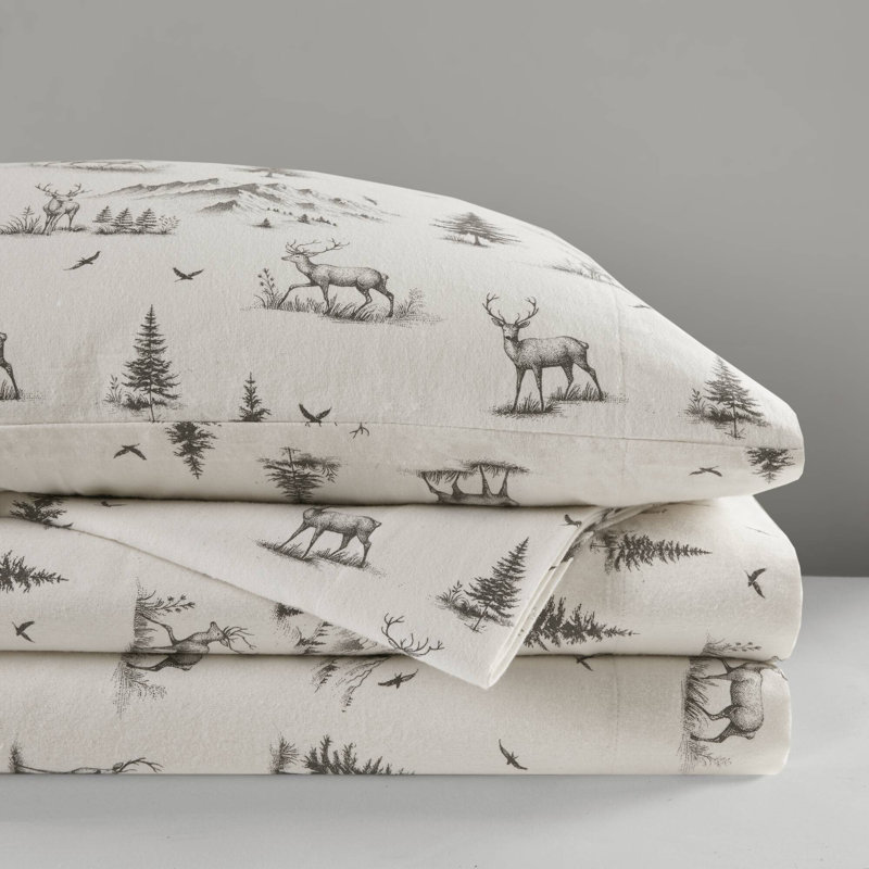 Full Gray Deer Toile Cotton Flannel Sheet Set