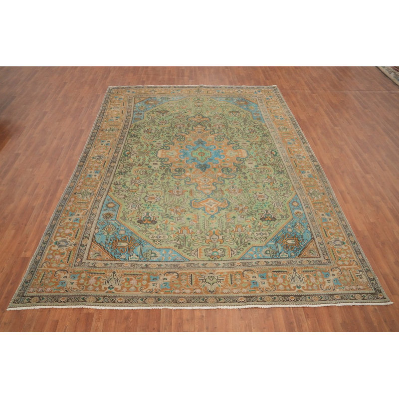 Tapis vert clair à motif géométrique traditionnel 9 x 12