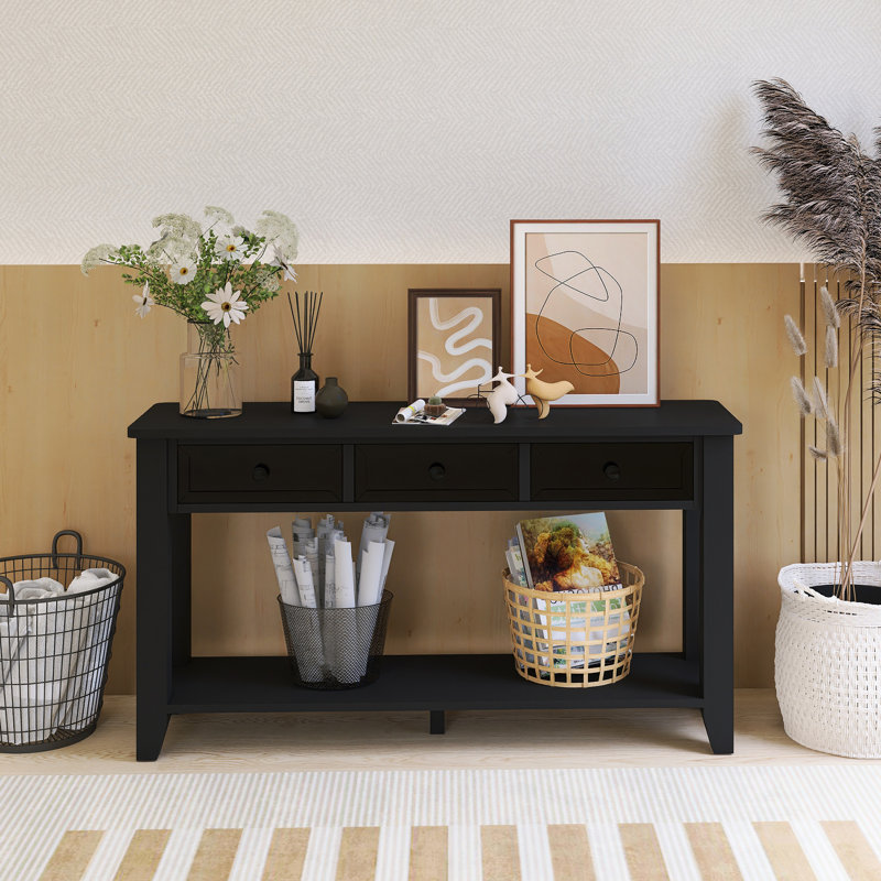 Console 55,40 po avec trois tiroirs de rangement, poignées en métal, Noir