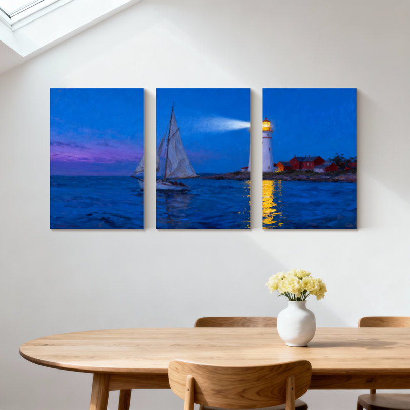 Nautique, voilier, phare, coucher de soleil, océan, réflexion, ciel nocturne, ensemble de 3 impressions sur toile