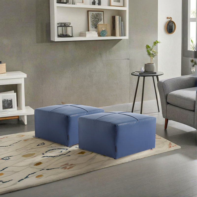 Hustle 56.1Cm Wide Genuine Leather Rectangle Footstool Ottoman, Navy Blue