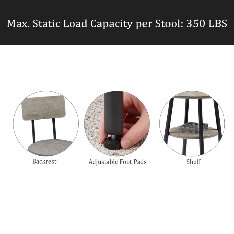Round bar stool set with shelves, stool with backrest, Gray, Gray/Black