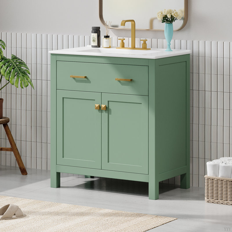Meuble-lavabo de 30 pouces avec lavabo en céramique, armoire de salle de bain simple moderne avec 2 portes et une tablette, portes à fermeture douce