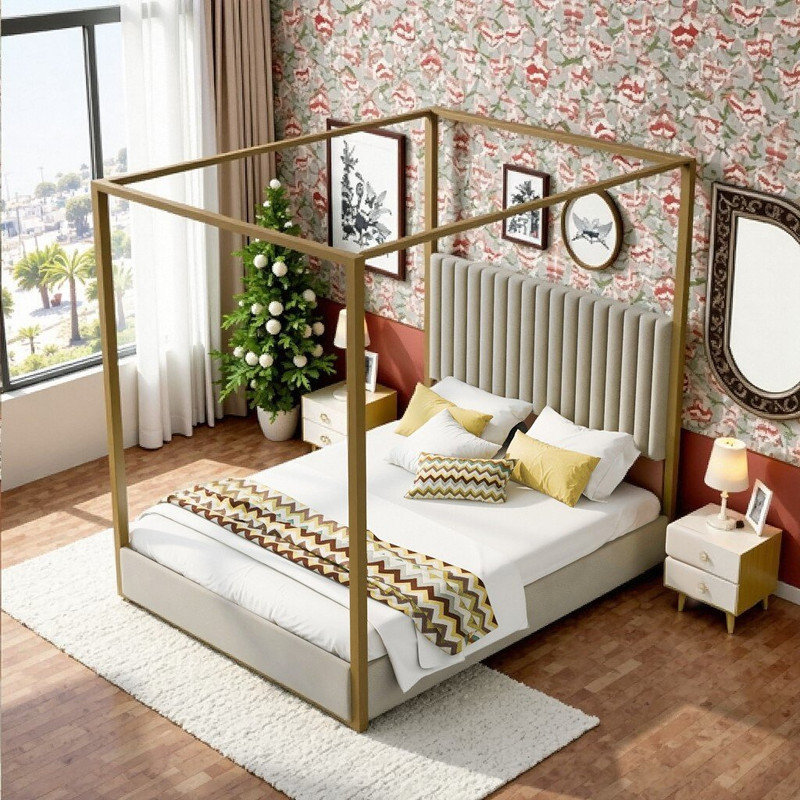 Grand lit plateforme à baldaquin avec tête de lit et structure en métal, Queen, Beige