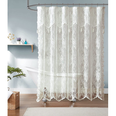 Cherrilyn Floral Lace Shower Curtain with Attached Valance and Tassels.