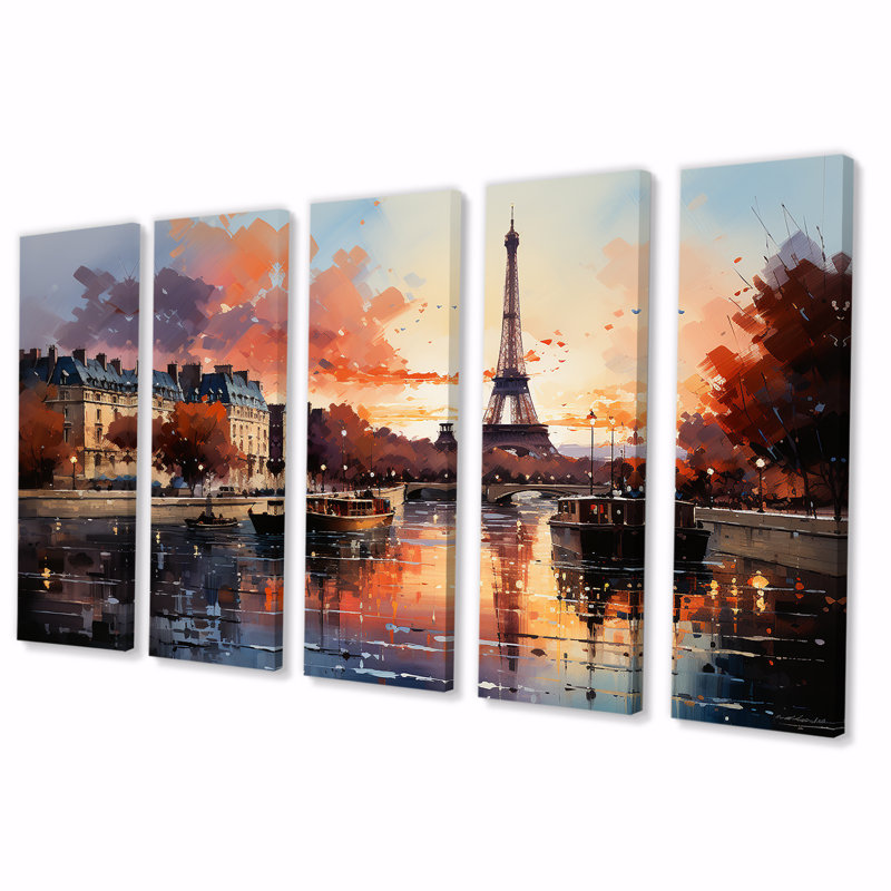 Automne Paris, coucher de soleil sur la tour Eiffel - Paris, ensemble de 5 pièces, H 28 po x l 60 po