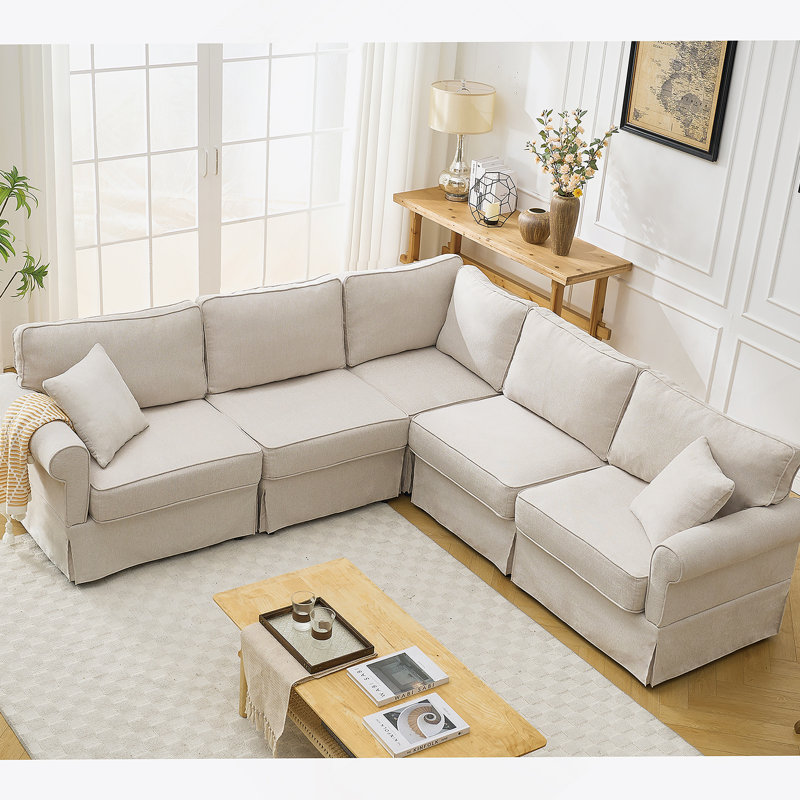 Ensemble de canapé modulaire modulaire convertible en L à 5 places avec accoudoirs roulés réversibles en lin doux, Beige