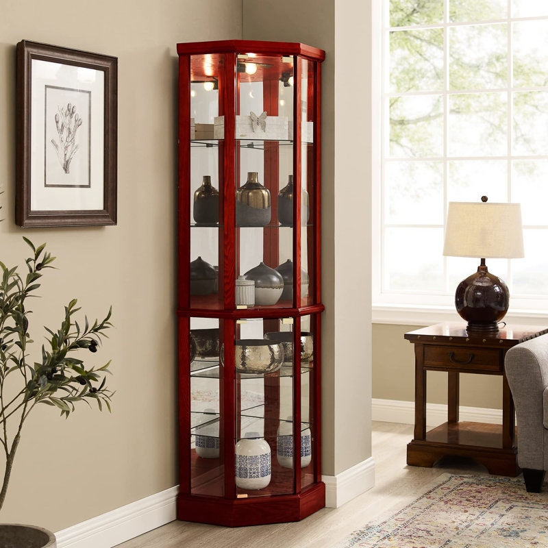 Armoire vitrée d'angle à 6 tablettes avec tablettes réglables en verre et miroir arrière en cerisier