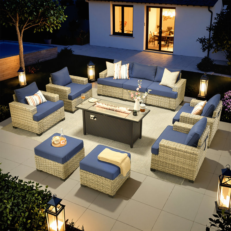 Wahkon 7 - Person Outdoor Conversation Set, Wicker Patio Sofa & Chair Set with Fire Pit and Cushions, Navy