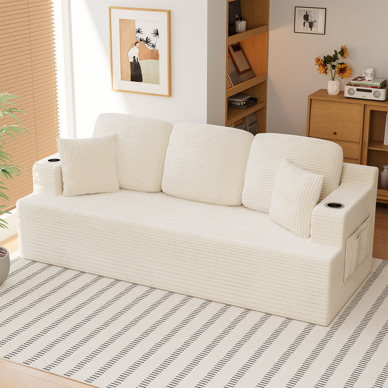 Canapé en mousse Boneless 3 places avec porte-gobelets et coussins décoratifs, H 28,35 po x l 86,61 po x P 35,43 po, Rose