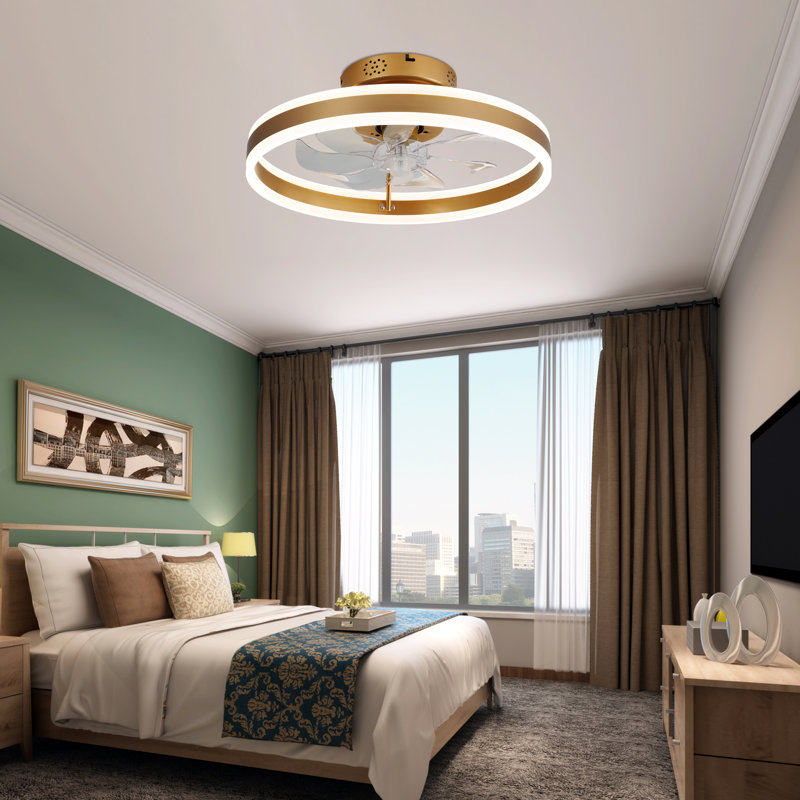 20 Inch Modern Flush Mount Smart Ceiling Fan With Lights And APP Control, Low Profile Bladeless Fandelier, Reversible DC Motor Ceiling Fan for Bedroom