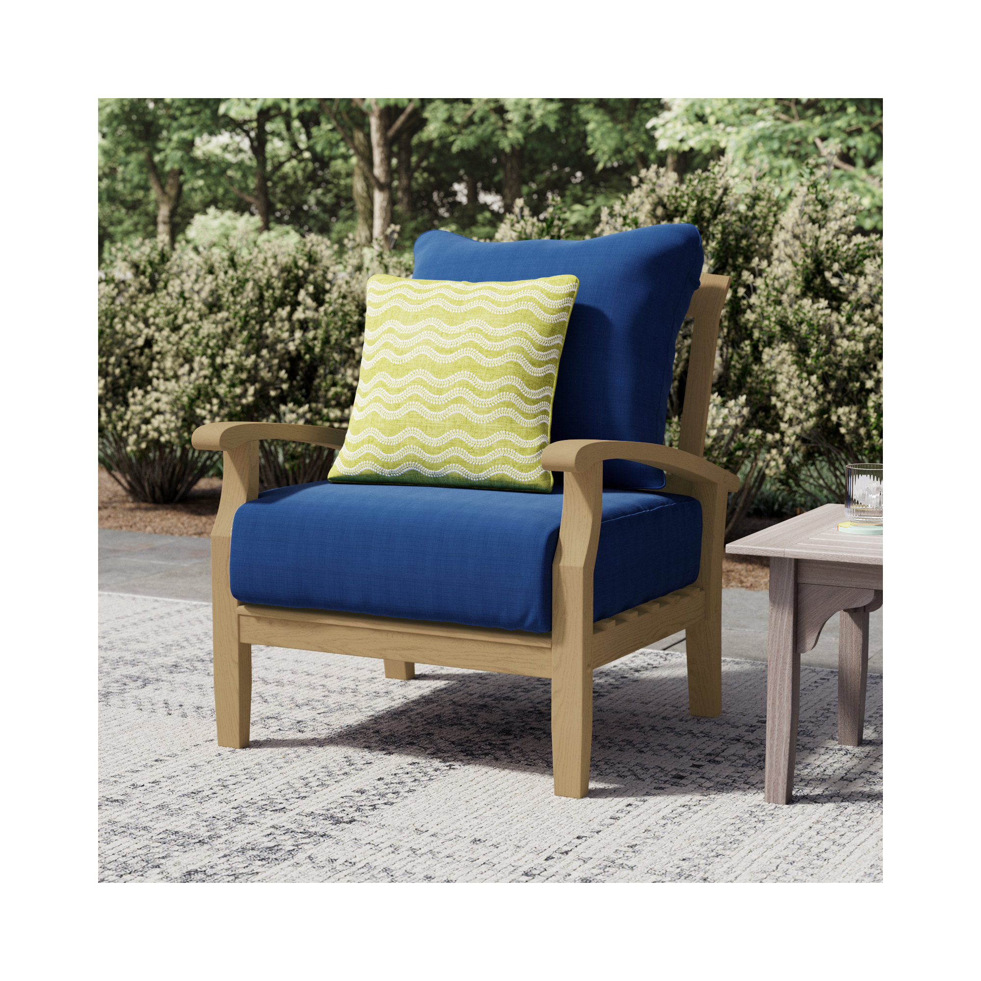 Summerton Teak Patio Chair with Cushions, Brown Frame/Navy Performance Olefin Cushion