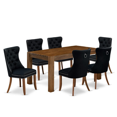 D84D503B5B9446EFB9434F6B3874884E 7 Piece Kitchen Set Includes a Rectangle Rustic Wood Dining Table and 6 Chairs, Sandblasting Antique Walnut