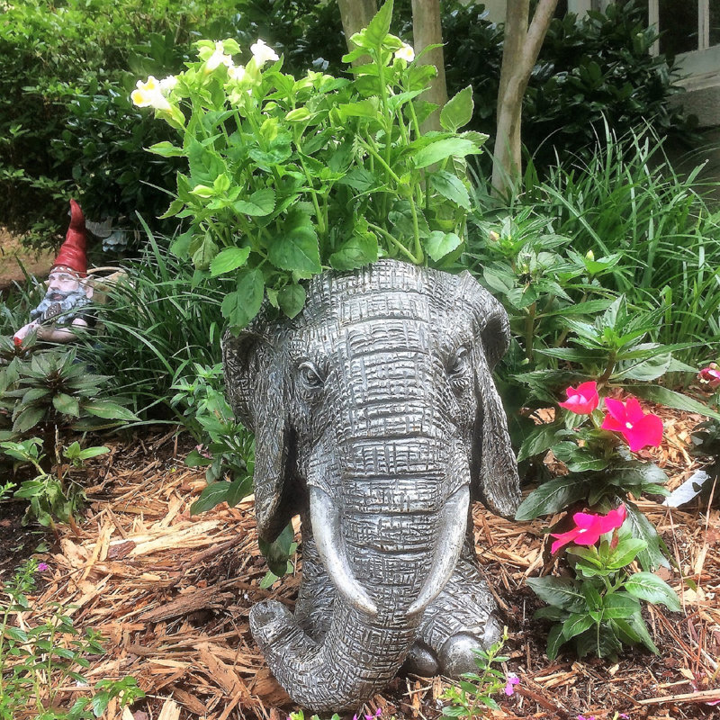 Muggly's Elephant Mascot Animal Statue Planter, 18" H x 10.5" W x 12" D, Gray Stone