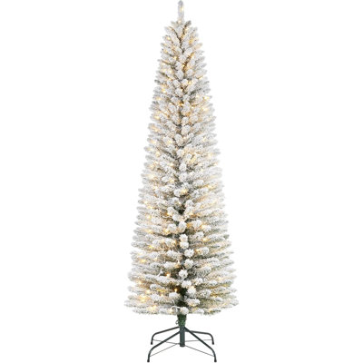 The Holiday Aisle® 9 Ft Pre-Lit Snow-Flocked Pencil Christmas Tree, Slim White Artificial Tree with 170 Warm White Lights, Frosted Branches