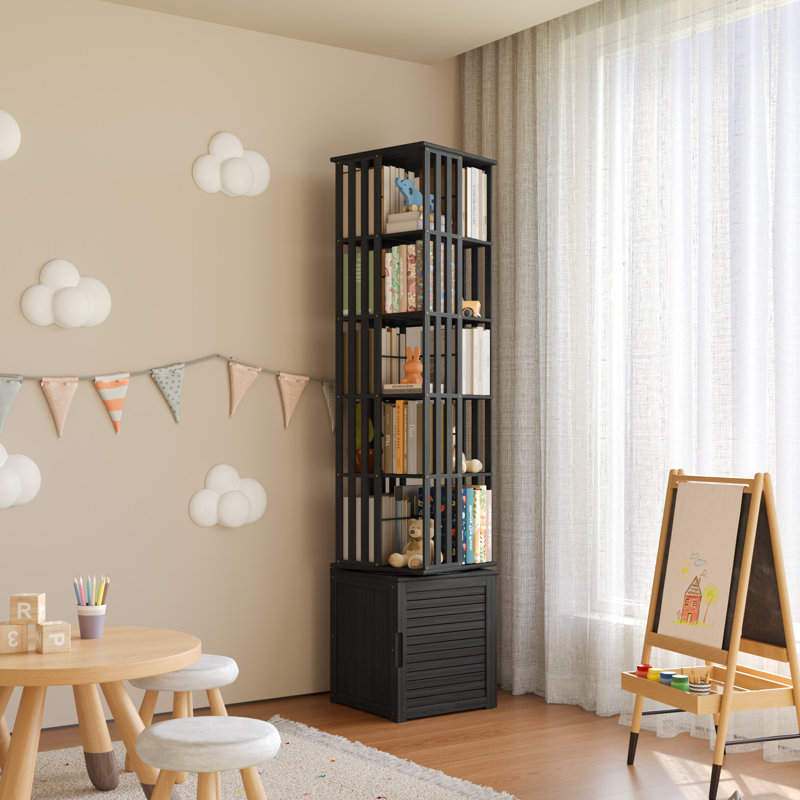 Rotating Bookcase With Storage Cabinet, Bamboo Bookshelf 360° Spinning 7 Tier Tall Narrow Display Tower Shelf, Black, Black