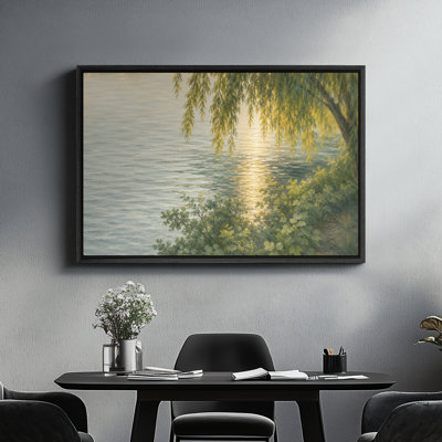 Framed Canvas Wall Art - Willow Tree Reflection on Calm River at Sunset - 24"x36"