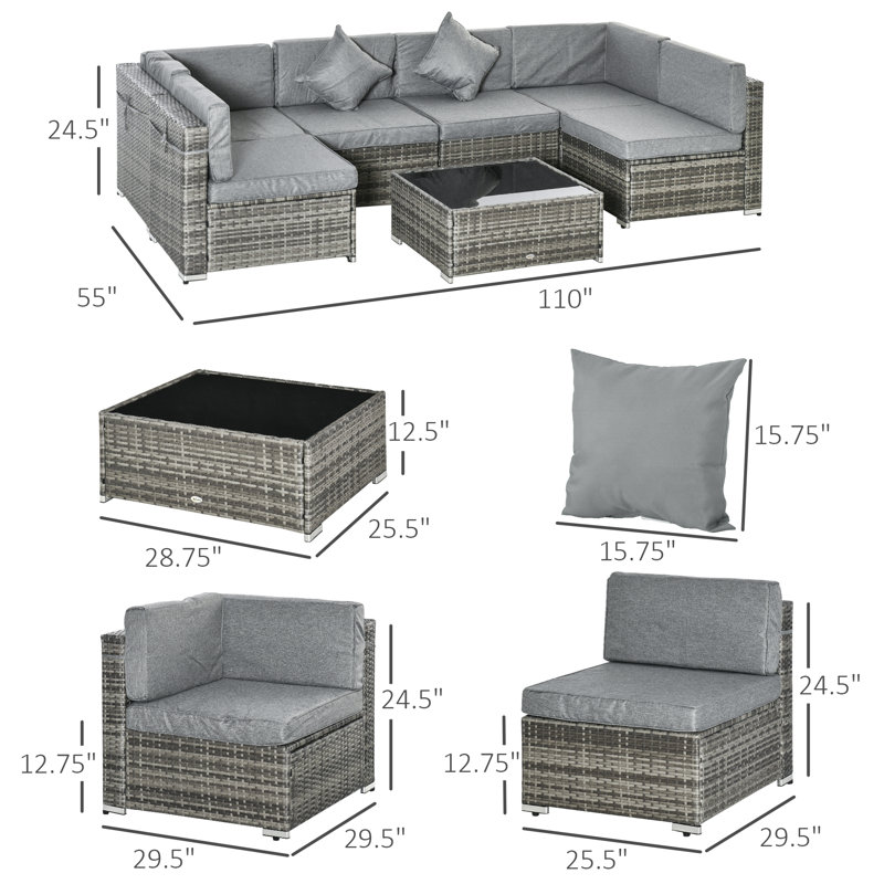 Groupe de sièges modulaires en rotin avec coussins 7 pièces, Cadre gris / coussin gris
