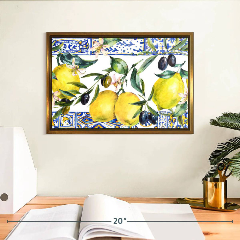 Citrons et olives, 13 po x 9 po, Cadre flottant doré