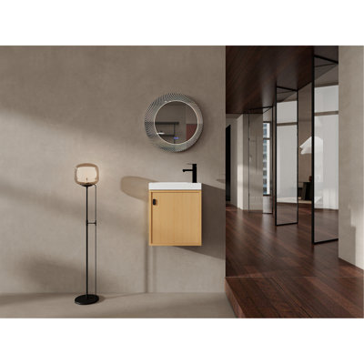 Meuble-lavabo mural 18,5 po avec lavabo en résine, porte simple à fermeture douce, panneau de fibres à densité moyenne, bois naturel