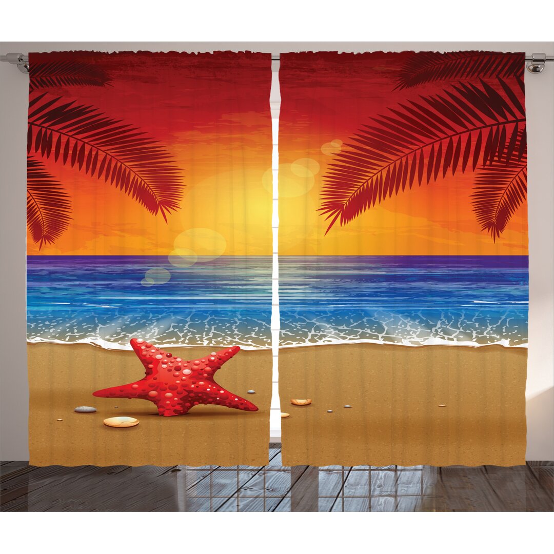 Rustikaler Vorhang, Cartoon Ocean Beach Palm, Sommer, Blau Gelb Rot