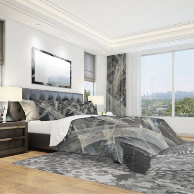 Abstract Glacial Black and White - Mid-Century Modern Duvet Cover Set - Microfiber Polyester
