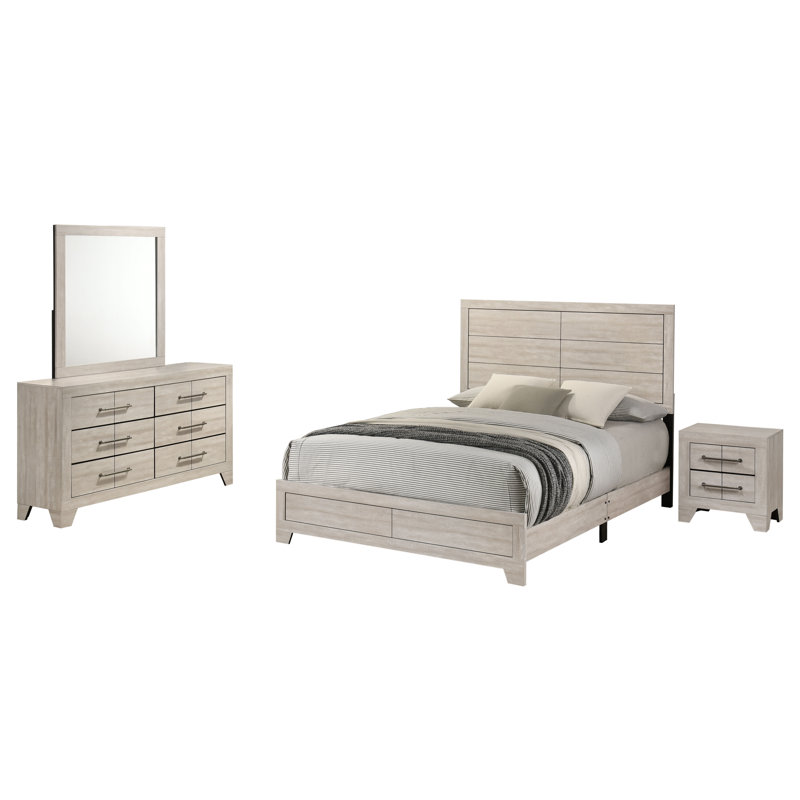 Ensemble de chambre à coucher Deegan en chêne gris rustique, Très grand lit, 4 pièces: lit, table de chevet, commode, miroir