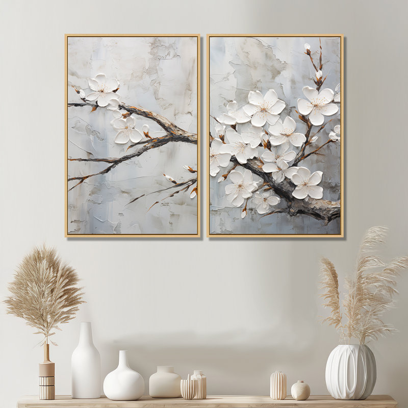 Fleur de cerisier blanc et gris minimaliste, 36" H x 48" W, Impression encadrée flottante, Cream