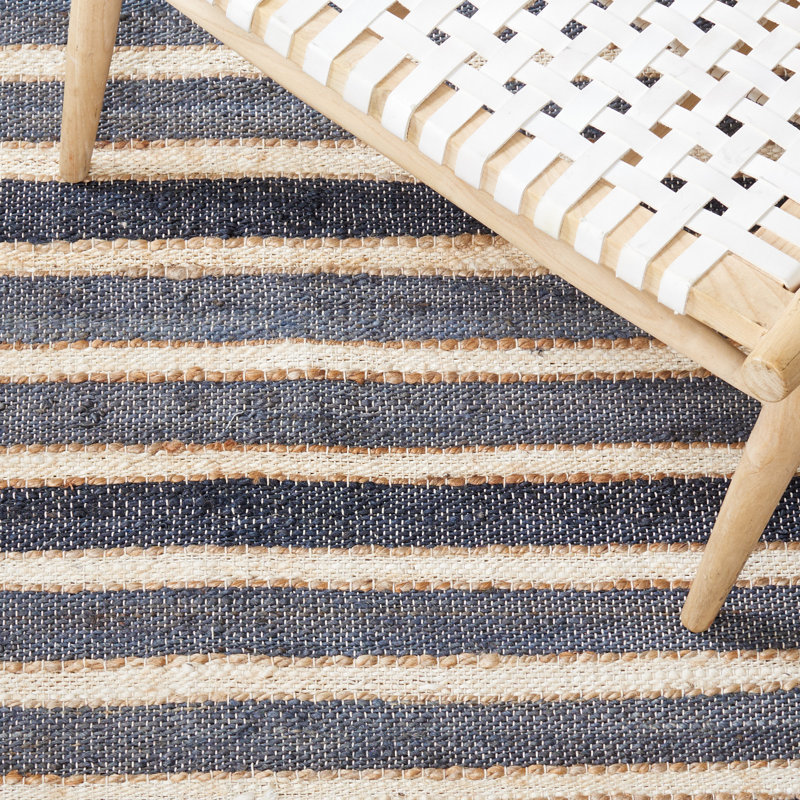 Wlikerson Hand Woven Jute/Cotton/Wool Striped Rug in Charcoal/Ivory, Rectangle 6' x 9'