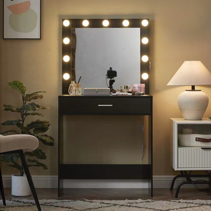 Leeandrew Vanity Desk with Drawers, Cabinet, Stool & Charging Ports, Black w/Mirror