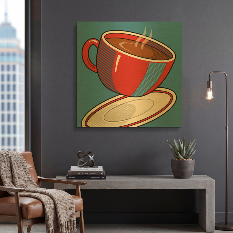 « Tasse de café rouge sur fond bleu », œuvre murale en métal doré de Ron Magnes, 91,4 cm x 91,4 cm, 36 po x 36 po