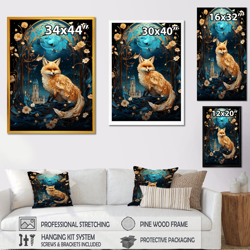 Beige et bleu clair de lune, forêt, renard, art mural animal, Cadre flottant blanc, H 20 po x l 12 po x P 1 po