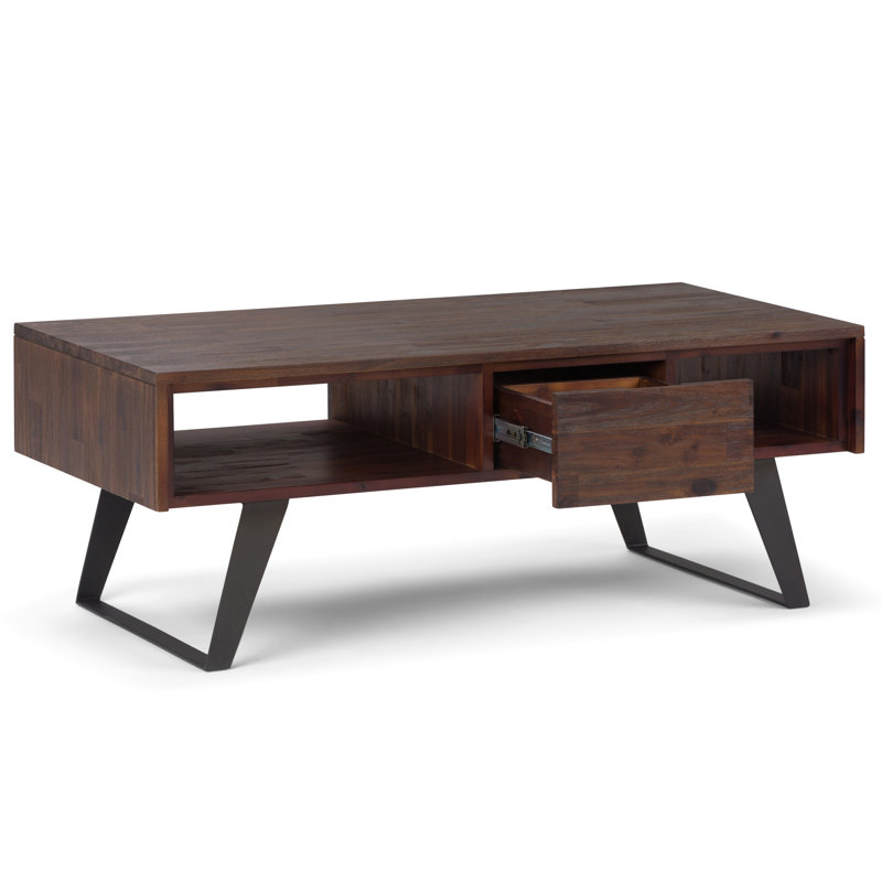 Lowry 48"W Solid Acacia Wood and Metal Modern Industrial Coffee Table with Drawers and Open Storage, Brown, Brown