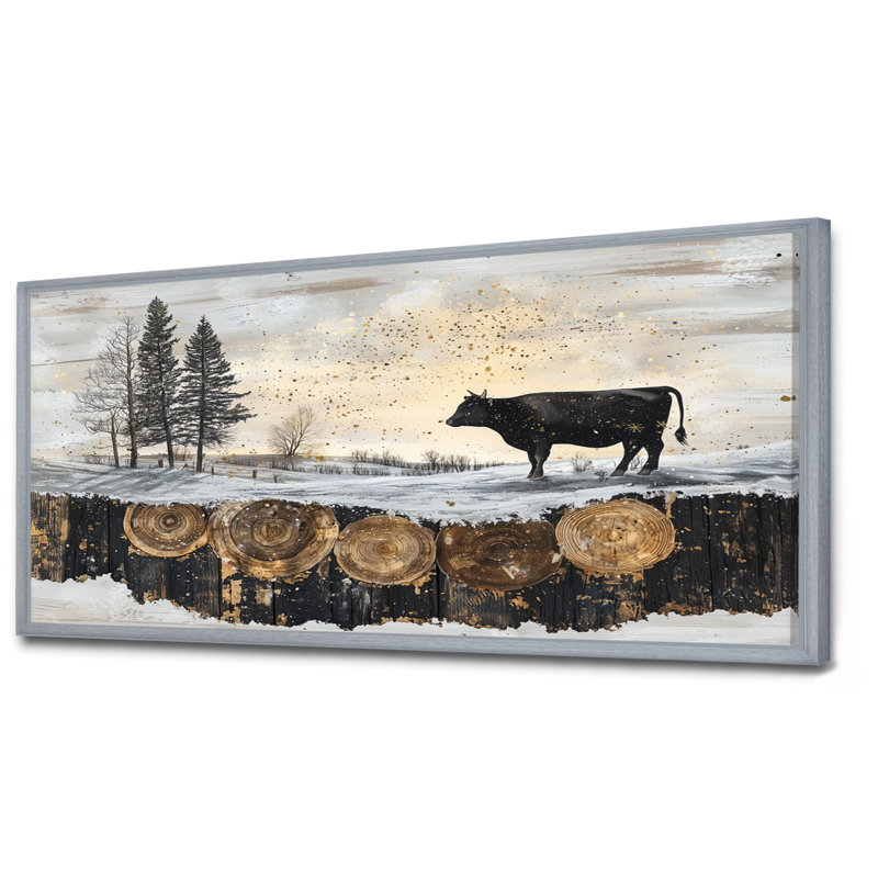 «Dropati Cow Into A A Bold Farm Landscape III», art mural ferme, H 28 po x l 60 po, Impression encadrée flottante