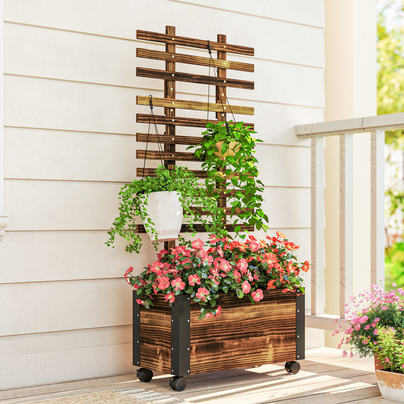 Lit de jardin surélevé en bois, jardinière avec treillis et coins en métal, portable sur roulettes pour patio, cour arrière, terrasse, brun