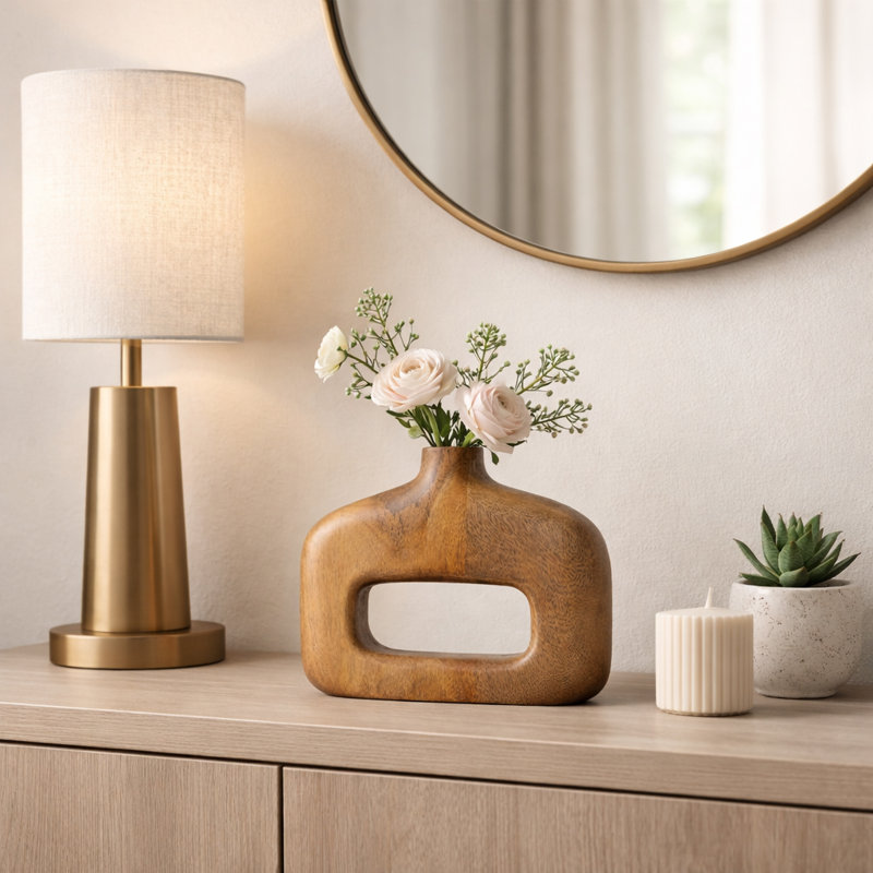 Cariad Sculptural Mango Wood Table Vase for Home Tabletop Decor - Abstract Tall Flower Accent Vase for Entryway or Bedroom Style - 8", Brown
