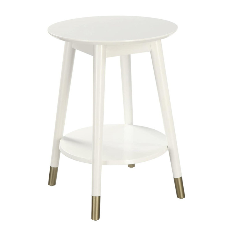 White Solid Rubberwood Round End Table with Bottom Shelf