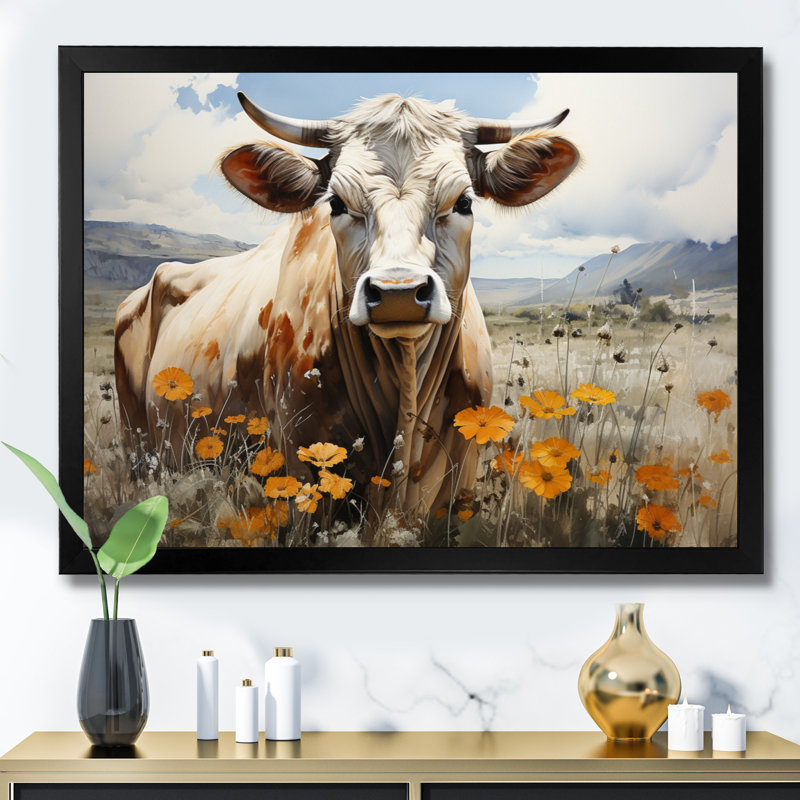 «Cow in the Meadow IV», reproduction d'art sur toile, H 34 po x l 44 po x P 1,5 po, Cadre simple noir