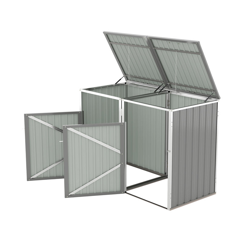 Remise extérieure pour poubelle en métal pour 2 poubelles - 54 pi³, remise en acier inoxydable galvanisé avec tige pneumatique et deux chaînes, gris pour jardin / cour / pelouse