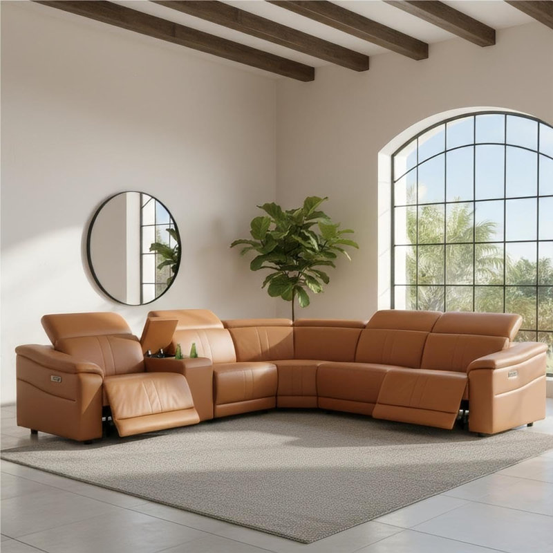 Canapé d'angle Halo 225 po en cuir respirant, 6 pièces, inclinable électriquement, avec console de rangement et appui-tête réglable.