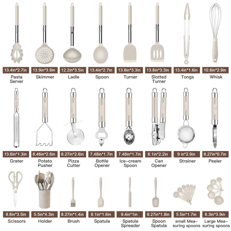 Khaki Non-Stick Silicone and Stainless Steel 33-Piece Cooking Utensils Set