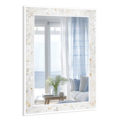 White 30 x 48 Inch Rectangle Bathroom Mirrors for Wall, Natural Shell Inlay Mosaic Mirrors with Tempered Glass for Bedroom
