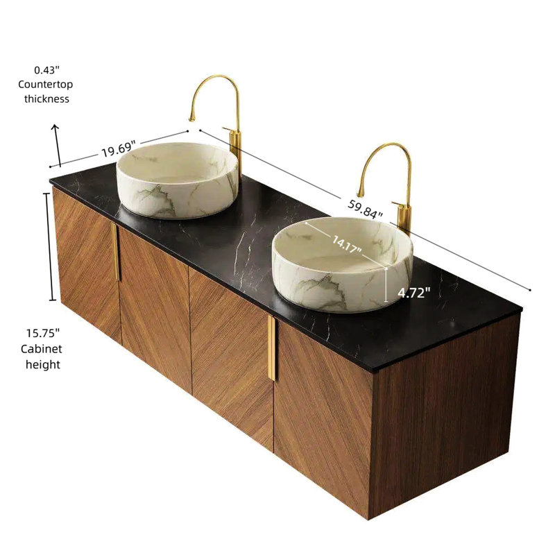 Meuble-lavabo flottant de 60 po: 2 lavabos ronds blancs en céramique, plateau en pierre frittée noire, rangement en chêne brun, 4 portes, système de fermeture en douceur, meuble-lavabo matériaux 60 po, armoire en contreplaqué, comptoir, finition, porte