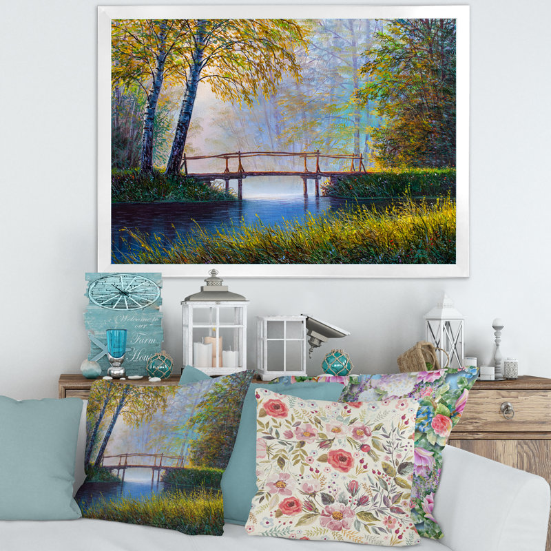 «Morning Sunlight And The Awakening Spring Forest», peinture sur toile, H 16 po x l 32 po x p 1 po, Cadre blanc