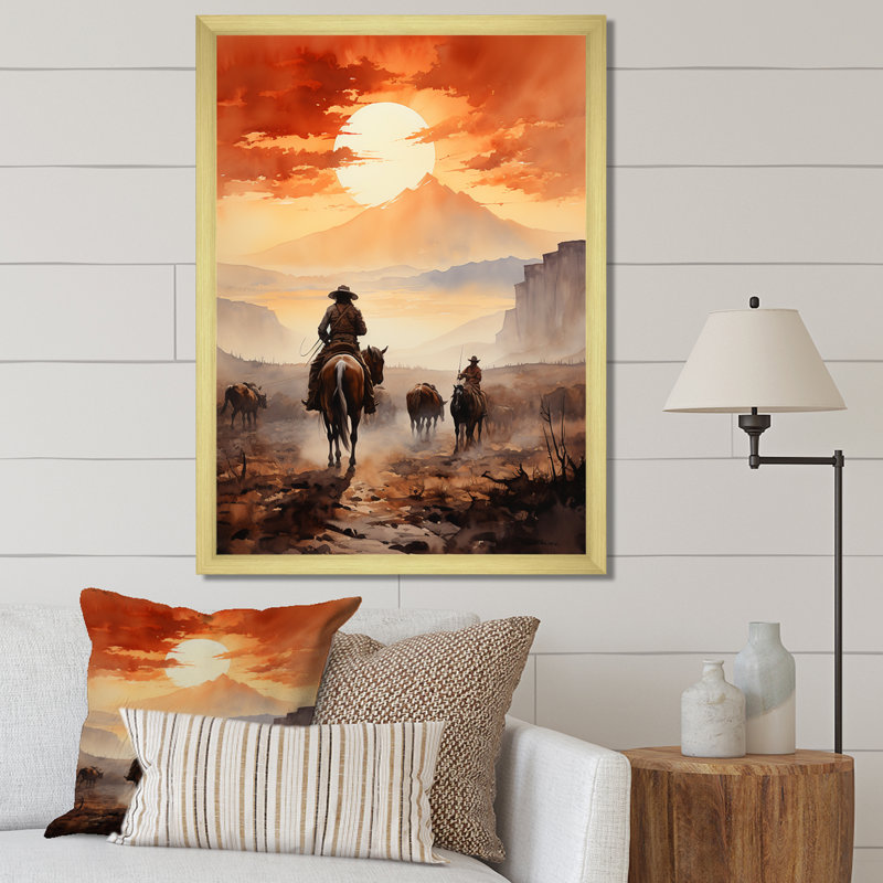 «Mechra Cowboy Chassing The Sunset I», reproduction sur toile, H 32 po x l 16 po, Encadrement doré